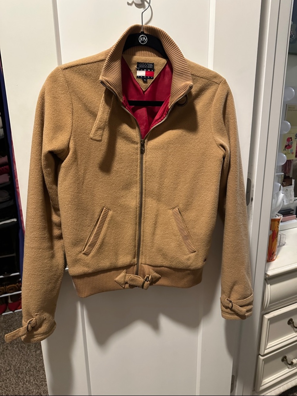 Tommy Hilfiger Camel Fleece Bomber Jacket with Red Interior